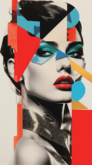 90s collage, modernist style combining a profile of woman in black and white with red lipstick abstract and colourful cut-out elements. Fashion and beauty rock poster. pop art print. Cutout artwork