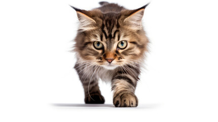 Fototapeta premium Funny large longhair gray tabby cute kitten with beautiful blue eyes. Pets and lifestyle concept. Lovely fluffy cat on white background.