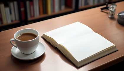 Cup of coffee and books, reading at the library. Created with AI generative technology