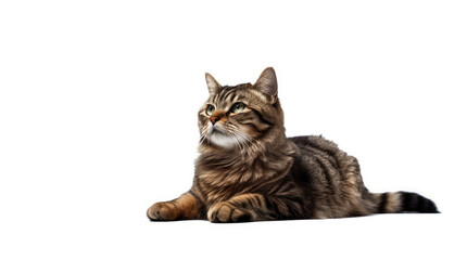 Funny large longhair gray tabby cute kitten with beautiful blue eyes. Pets and lifestyle concept. Lovely fluffy cat on white background.