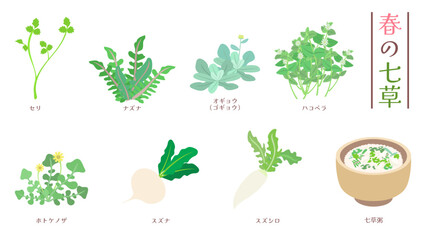 春の七草と七草粥のイラストセット。フラットなベクターイラスト。
Illustration set of Japanese seven spring herbs and seven herb rice porridge. Flat designed vector illustration.