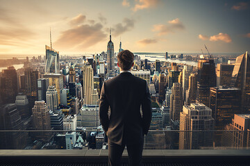 Fototapeta na wymiar Back View of Businessman Wearing Suit Standing Looking at Cityscape from Rooftop at Sunset