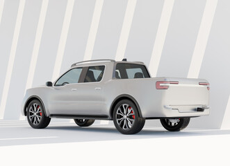 Rear view of Silver Electric Pickup Truck parking in front of an abstract background. Generic design. 3D rendering illustration.