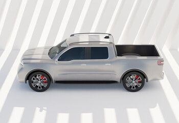 Side view of Silver Electric Pickup Truck parking in front of an abstract background. Generic design. 3D rendering illustration.