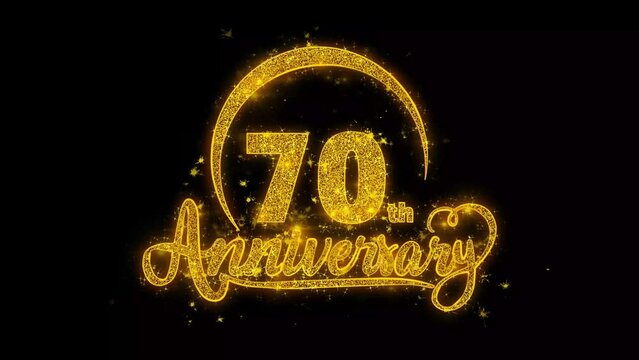 70th Happy Anniversary typography text Reveal from Golden on Glitter Shiny Magic Particles Sparks. For Greeting Card, Celebration, Wishes, Events, Message, holiday, festival concept