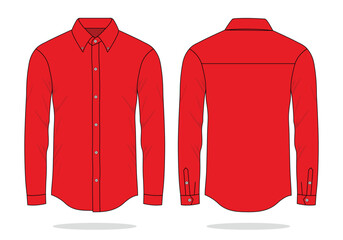 Red Long Sleeve Dress Shirt Template on White Background.Front and Back View, Vector File.