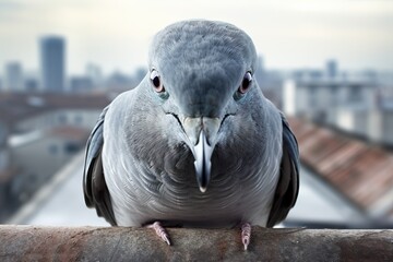 Fototapeta premium Curious dove looking at camera. Funny face of a dove close-up.