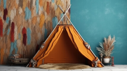 Color childrens wigwam in room on the floor Scandinavian style with decor