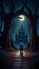 Fototapeta na wymiar an adventurous boy walking in a dense and dark forest towards a huge castle made with Generative AI
