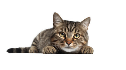 Fototapeta premium Funny large longhair gray tabby cute kitten with beautiful blue eyes. Pets and lifestyle concept. Lovely fluffy cat on white background.