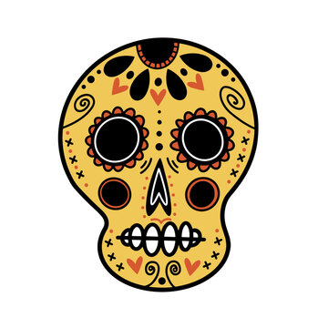 Cute sugar skull vector icon. Festive mask of a nice Mexican man isolated on white. Drawing for the day of the dead, Dia de Muertos. Bright cartoon clipart, yellow holiday bone. For cards, print, web