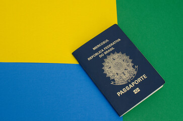 Brazilian Passport, background w/ brazilian flag colors, yellow, blue and green - REPUBLICA FEDERATIVA DO BRASIL