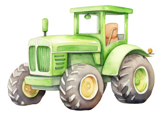 Watercolor green tractor isolated.