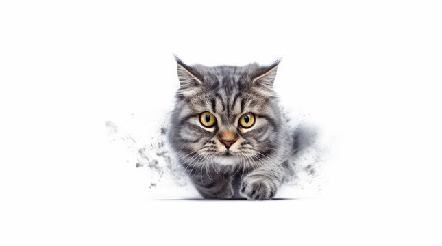 Funny large longhair gray tabby cute kitten with beautiful blue eyes. Pets and lifestyle concept. Lovely fluffy cat on white background.