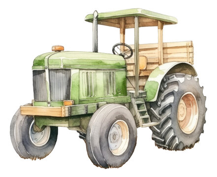 Watercolor green tractor isolated.