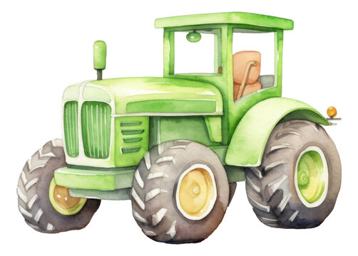 Watercolor green tractor isolated.