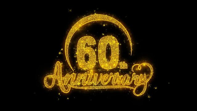 60th Happy Anniversary typography text Reveal from Golden on Glitter Shiny Magic Particles Sparks. For Greeting Card, Celebration, Wishes, Events, Message, holiday, festival concept
