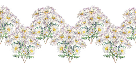 Seamless border watercolor chrysanthemum daisy chamomile with green leaves on white background. Hand-drawn summer bloom flower for florist. Art for celebration wedding wrapping textile, coloring book