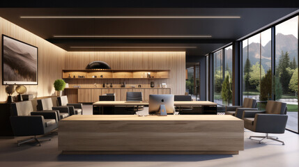 Contemporary office hall with reception desk and two computers. Lifestyle and workplace concept.