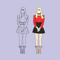 Korean kpop style women's fashion stage with red t-shirt and blonde hair. fashion idol kpop style vector flat design