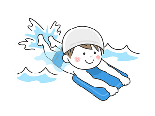 スイミングスクールで、ビート板を使って練習する男の子のイラスト