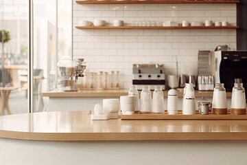 Minimal interior design coffee cafe bar shop with beige cozy tone style and with glossy ivory white round corner counter, coffee machinery, with Generative Ai.