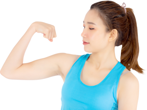 Beautiful portrait young asian woman wear sport clothes have strong and muscle with health, girl show biceps with exercise and workout for wellness, strength and fit concept. - Powered by Adobe