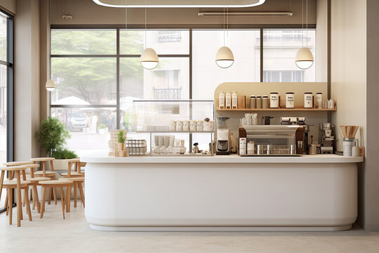 Minimal interior design coffee cafe bar shop with beige cozy tone style and with glossy ivory white round corner counter, coffee machinery, with Generative Ai.