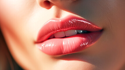 Fototapeta premium Plump passionate lips close-up. Sexy glossy lip makeup. Macro of female part of face. Beautiful makeup, pink lipstick