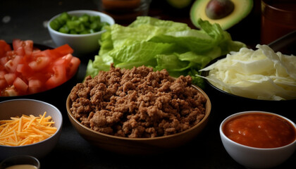 Fresh gourmet salad with grilled meat and avocado guacamole dip generated by AI
