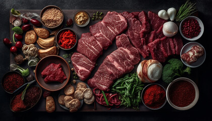 Grilled meat variations on gourmet table with fresh ingredients generated by AI