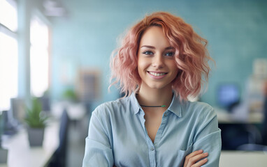 Young adult woman portrait with dyed hair on modern office background. Attractive and charming woman with colorful hair. Generative AI - obrazy, fototapety, plakaty
