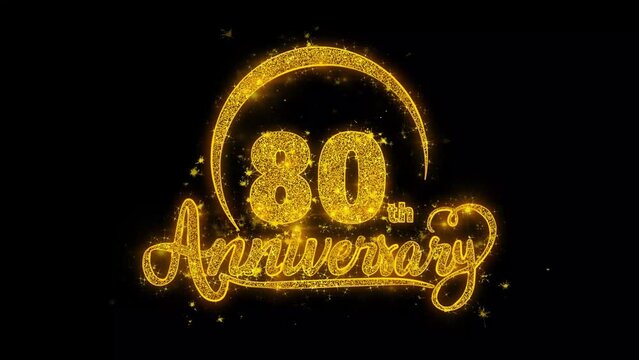 80th Happy Anniversary typography text Reveal from Golden on Glitter Shiny Magic Particles Sparks. For Greeting Card, Celebration, Wishes, Events, Message, holiday, festival concept