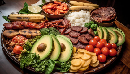 Fresh grilled steak and vegetable plate with guacamole and salad generated by AI