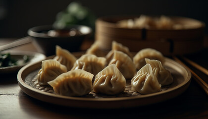 Steamed Chinese dumplings, a gourmet appetizer on a bamboo plate generated by AI