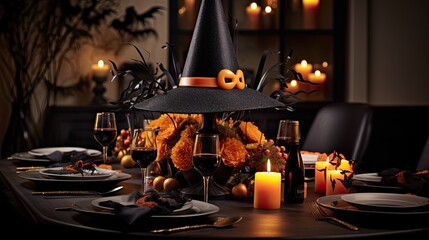 Fototapeta na wymiar Spooky Halloween table with witch hat cupcakes centerpiece. Concept of festive gathering.