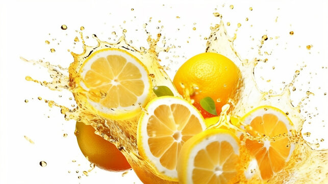 Oranges explosion, fresh sliced flying in the air, juice water splashing isolated on white background, vitamin c, healthy food, baverage advertising, antioxidant, summer concept. Generative AI