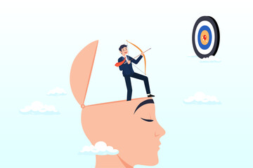 Courage businessman archery aiming bot to hit target, success mindset, attitude to achieve goal or target, challenge to succeed in work, growth mindset or thought leader and determination (Vector)