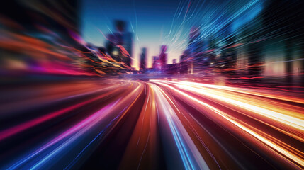 Fototapeta na wymiar Speed and Motion A Blurred Cityscape of Modern City at Night AI Generated