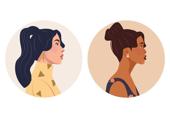 Set of diverse female face portraits of different ethnicity, hairstyles and ages with round shapes. diversity. Women's empowerment movement. Vector flat illustration, banner or poster. Avatars for soc