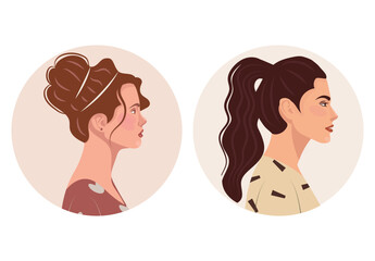 Set of diverse female face portraits of different ethnicity, hairstyles and ages with round shapes. diversity. Women's empowerment movement. Vector flat illustration, banner or poster. Avatars for soc