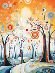 Abstract Art of a colorful trees with abstract forms and shapes, , concentric circles, vivid colors style, turquoise, orange red yellow and black.