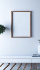 Blank picture frame mockup on white wall. Modern living room design