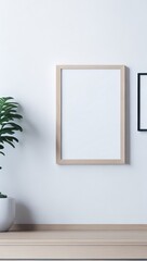 Blank picture frame mockup on white wall. Modern living room design