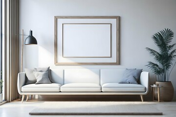 Blank picture frame mockup on white wall. Modern living room design