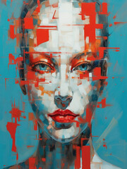 Abstract Art, of a woman with , futuristic solid colors, turquoise, red, orange color scheme, ultra high face symmetry, full dynamic colour, fractured, square face,  vibrant colours. 