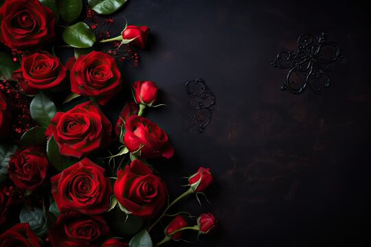 Whimsical Realism: Dreamlike Illustration of Red Roses on Dark Backgrounds - Generative AI