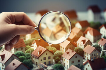Hand holding magnifying glass and looking at house - obrazy, fototapety, plakaty