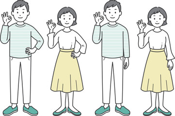 OKポーズをする成人男女全身