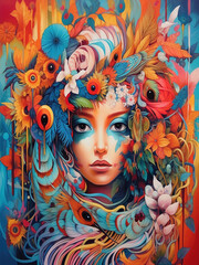 Abstract Wall Art. Portrait of a woman surrounded with colorful flowers in her hair with  vibrant colours. 